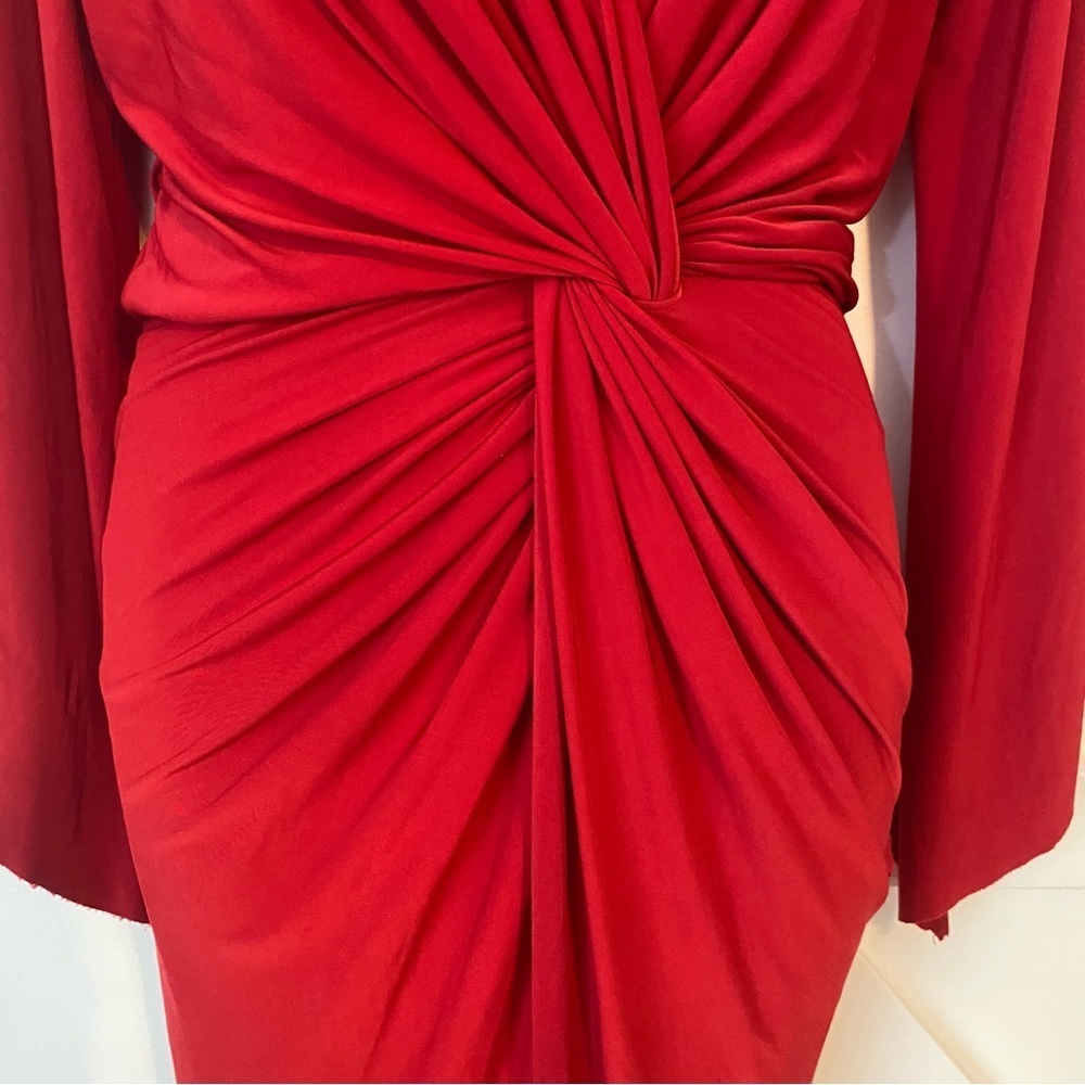 Misa Teget High Low Hem Ruched Twist Front Long Flare Sleeve V-Neck Dress Red S - Picture 5 of 11